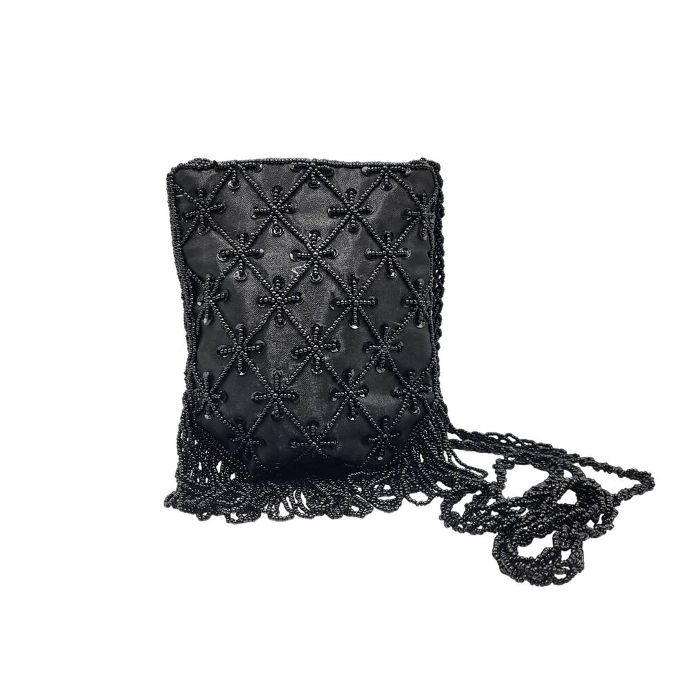 Vintage Black Beaded Latice Cross Print Delicate Fringe Crossbody Shoulder Bag
